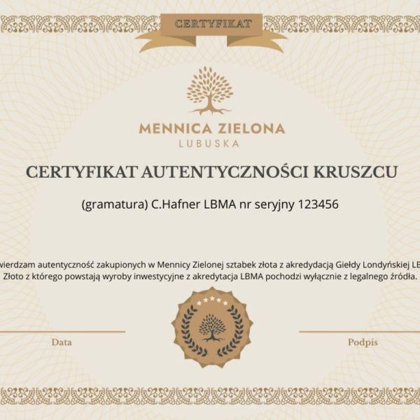 Certyfikat sztabki złota 1 uncja